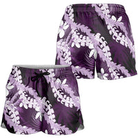 Puakenikeni Maile Lei Shorts for Women Frangipani Purple Tropical Leaves