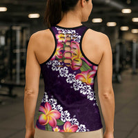 Purple Polynesia Hollow Tank Top Plumeria With Hibiscus Pattern Tropical Vibes - Polynesian Pride