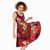 Red Banana Leaf Hawaii Midi Dress Lau Maia Plumeria Tropical Summer Vibes LT14 - Polynesian Pride
