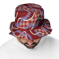 Red Hawaii Palaka Honohono Pikake Bucket Hat Hawaiian Orchid Lei Polynesian Pattern - Polynesian Pride