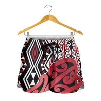 Red New Zealand Shorts for Women Aotearoa Kowhaiwhai Mix Taniko Art LT14 - Polynesian Pride