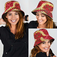 Red Palaka Hawaii Mele Kalikimaka Bucket Hat Ohia Lehua Monstera Puakenikeni Lei - Polynesian Pride