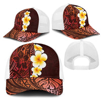 Red Polynesia Mesh Trucker Cap Plumeria Tropical Leaves With Galaxy Polynesian Art - Polynesian Pride