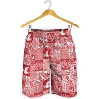 Red Tonga Kilisimasi Fiefia Shorts for Men Pacific Patchwork Xmas Vibes - Polynesian Pride