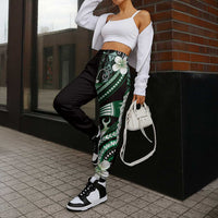 Samoa Siapo Tribal Pattern Jogger Pants Forest Green Polynesian Plumeria Tapa Motif