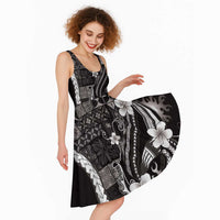 Samoa Siapo Tribal Pattern Midi Dress Black Polynesian Plumeria Tapa Motif LT9 - Polynesian Pride