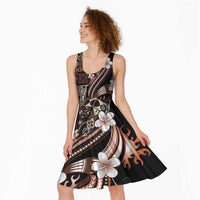 Samoa Siapo Tribal Pattern Midi Dress Brown Polynesian Plumeria Tapa Motif