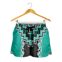 Teal Niho Taniwha Mix Poutama Shorts for Women Unique Taniko Aotearoa LT01 - Polynesian Pride