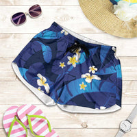 Teal Purple Banana Leaf Hawaii Shorts for Women Lau Maia Plumeria Tropical Summer Vibes