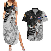 Personalized New Zealand Football Couples Matching Summer Maxi Dress and Hawaiian Shirt Kiwi Mascot with Silver Fern - Maori Tribal Tattoo Art TS04 Black White - Polynesian Pride