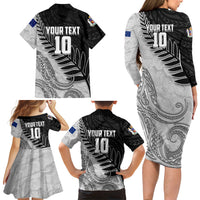 Personalized New Zealand Football Family Matching Long Sleeve Bodycon Dress and Hawaiian Shirt Kiwi Mascot with Silver Fern - Maori Tribal Tattoo Art
