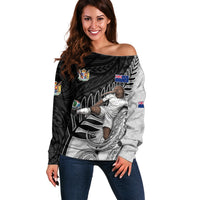 Personalized New Zealand Football Off Shoulder Sweater Kiwi Mascot with Silver Fern - Maori Tribal Tattoo Art TS04 Women Black White - Polynesian Pride