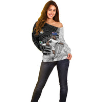 Personalized New Zealand Football Off Shoulder Sweater Kiwi Mascot with Silver Fern - Maori Tribal Tattoo Art TS04 - Polynesian Pride
