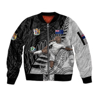 Personalized New Zealand Football Sleeve Zip Bomber Jacket Kiwi Mascot with Silver Fern - Maori Tribal Tattoo Art