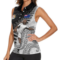 Personalized New Zealand Football Women Sleeveless Polo Shirt Kiwi Mascot with Silver Fern - Maori Tribal Tattoo Art