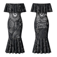 Hawaiian Piko Family Matching Mermaid Dress and Hawaiian Shirt Cultural Anchor Connect Your Roots Ocean Waves TS04 Mom's Dress Black Grey - Polynesian Pride