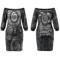 Hawaiian Piko Family Matching Off The Shoulder Long Sleeve Dress and Hawaiian Shirt Cultural Anchor Connect Your Roots Ocean Waves TS04 Mom's Dress Black Grey - Polynesian Pride