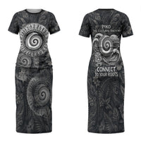 Hawaiian Piko Family Matching Short Sleeve Bodycon Dress and Hawaiian Shirt Cultural Anchor Connect Your Roots Ocean Waves TS04 Mom's Dress Black Grey - Polynesian Pride