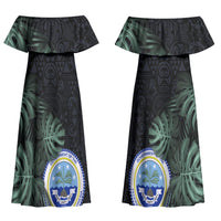Federated States Of Micronesia Couples Matching Off Shoulder Maxi Dress and Hawaiian Shirt FSM Tropical Monstera Leaf Dark Tribal Pattern TS04 - Polynesian Pride