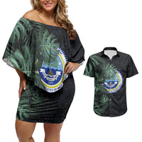 Federated States Of Micronesia Couples Matching Off Shoulder Short Dress and Hawaiian Shirt FSM Tropical Monstera Leaf Dark Tribal Pattern TS04 Black Green - Polynesian Pride