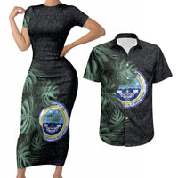 Federated States Of Micronesia Couples Matching Short Sleeve Bodycon Dress and Hawaiian Shirt FSM Tropical Monstera Leaf Dark Tribal Pattern TS04 Black Green - Polynesian Pride