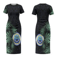 Federated States Of Micronesia Couples Matching Short Sleeve Bodycon Dress and Hawaiian Shirt FSM Tropical Monstera Leaf Dark Tribal Pattern TS04 - Polynesian Pride
