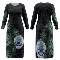 Federated States Of Micronesia Family Matching Long Sleeve Bodycon Dress and Hawaiian Shirt FSM Tropical Monstera Leaf Dark Tribal Pattern TS04 Mom's Dress Black Green - Polynesian Pride
