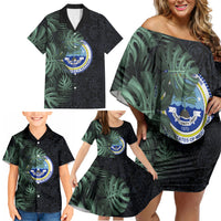 Federated States Of Micronesia Family Matching Off Shoulder Short Dress and Hawaiian Shirt FSM Tropical Monstera Leaf Dark Tribal Pattern TS04 - Polynesian Pride