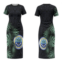 Federated States Of Micronesia Family Matching Short Sleeve Bodycon Dress and Hawaiian Shirt FSM Tropical Monstera Leaf Dark Tribal Pattern TS04 Mom's Dress Black Green - Polynesian Pride