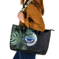 Federated States Of Micronesia Leather Tote Bag FSM Tropical Monstera Leaf Dark Tribal Pattern TS04 Black Green - Polynesian Pride