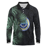 Federated States Of Micronesia Long Sleeve Polo Shirt FSM Tropical Monstera Leaf Dark Tribal Pattern TS04 Black Green - Polynesian Pride