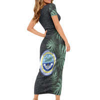 Federated States Of Micronesia Short Sleeve Bodycon Dress FSM Tropical Monstera Leaf Dark Tribal Pattern TS04 - Polynesian Pride