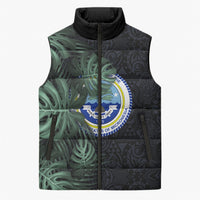 Federated States Of Micronesia Sleeveless Puffer Jacket FSM Tropical Monstera Leaf Dark Tribal Pattern TS04 Unisex Black Green - Polynesian Pride