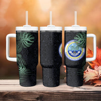 Federated States Of Micronesia Tumbler With Handle FSM Tropical Monstera Leaf Dark Tribal Pattern