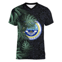 Federated States Of Micronesia Women V-Neck T-Shirt FSM Tropical Monstera Leaf Dark Tribal Pattern TS04 Female Black Green - Polynesian Pride