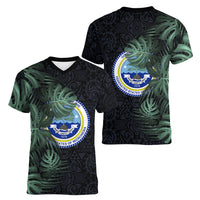 Federated States Of Micronesia Women V-Neck T-Shirt FSM Tropical Monstera Leaf Dark Tribal Pattern TS04 - Polynesian Pride