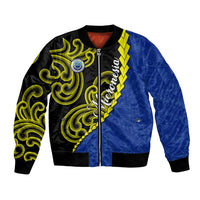 Federated States Of Micronesia FSM Bomber Jacket Pacific Islander Tribal Swirl Geometric Pattern TS04 Unisex Black Blue - Polynesian Pride