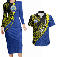 Federated States Of Micronesia FSM Couples Matching Long Sleeve Bodycon Dress and Hawaiian Shirt Pacific Islander Tribal Swirl Geometric Pattern TS04 Black Blue - Polynesian Pride