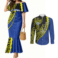 Federated States Of Micronesia FSM Couples Matching Mermaid Dress and Long Sleeve Button Shirt Pacific Islander Tribal Swirl Geometric Pattern TS04 Black Blue - Polynesian Pride