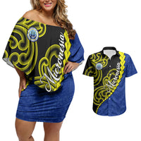 Federated States Of Micronesia FSM Couples Matching Off Shoulder Short Dress and Hawaiian Shirt Pacific Islander Tribal Swirl Geometric Pattern TS04 Black Blue - Polynesian Pride