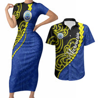 Federated States Of Micronesia FSM Couples Matching Short Sleeve Bodycon Dress and Hawaiian Shirt Pacific Islander Tribal Swirl Geometric Pattern TS04 Black Blue - Polynesian Pride