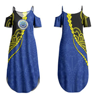 Federated States Of Micronesia FSM Family Matching Summer Maxi Dress and Hawaiian Shirt Pacific Islander Tribal Swirl Geometric Pattern TS04 Mom's Dress Black Blue - Polynesian Pride