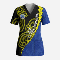 Federated States Of Micronesia FSM Scrub Top Pacific Islander Tribal Swirl Geometric Pattern TS04 Adult Black Blue - Polynesian Pride