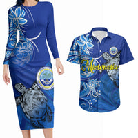 Micronesia Sea Turtle Couples Matching Long Sleeve Bodycon Dress and Hawaiian Shirt Federated States Of Micronesia Tribal Floral Pattern TS04 Blue White - Polynesian Pride