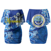 Micronesia Sea Turtle Family Matching Off Shoulder Short Dress and Hawaiian Shirt Federated States Of Micronesia Tribal Floral Pattern TS04 Mom's Dress Blue White - Polynesian Pride
