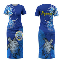 Micronesia Sea Turtle Family Matching Short Sleeve Bodycon Dress and Hawaiian Shirt Federated States Of Micronesia Tribal Floral Pattern TS04 Mom's Dress Blue White - Polynesian Pride