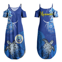 Micronesia Sea Turtle Family Matching Summer Maxi Dress and Hawaiian Shirt Federated States Of Micronesia Tribal Floral Pattern TS04 Mom's Dress Blue White - Polynesian Pride