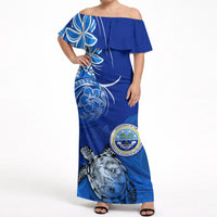 Micronesia Sea Turtle Off Shoulder Maxi Dress Federated States Of Micronesia Tribal Floral Pattern TS04 Women Blue White - Polynesian Pride