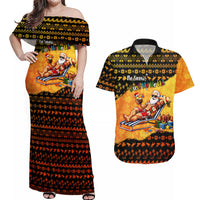 Tropical Christmas In July Santa Claus Couples Matching Off Shoulder Maxi Dress and Hawaiian Shirt Festive Hawaiian With Beach Reindeer Sleigh