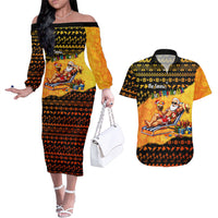 Tropical Christmas In July Santa Claus Couples Matching Off The Shoulder Long Sleeve Dress and Hawaiian Shirt Festive Hawaiian With Beach Reindeer Sleigh